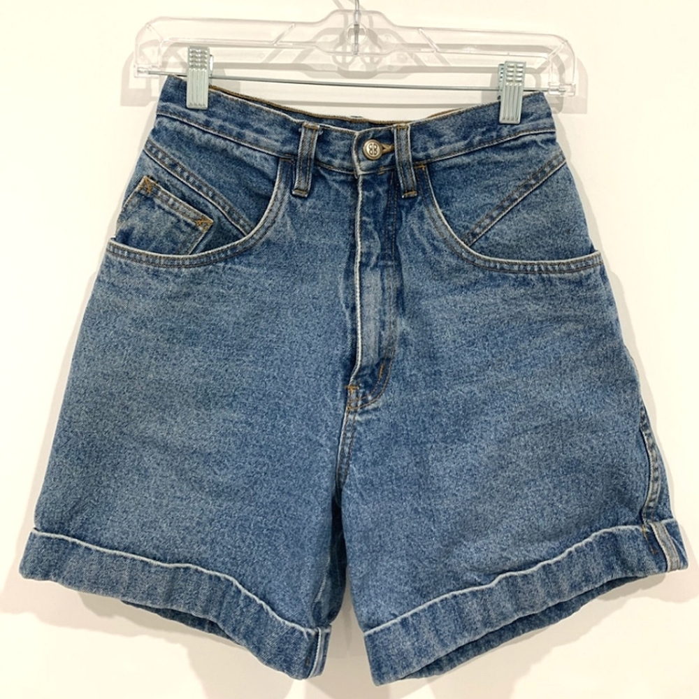 bill blass High-Waist Rolled Hem Denim Shorts in Blue